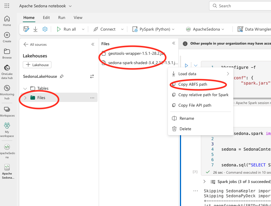 From Files upload the jars and then copy their ABFS paths