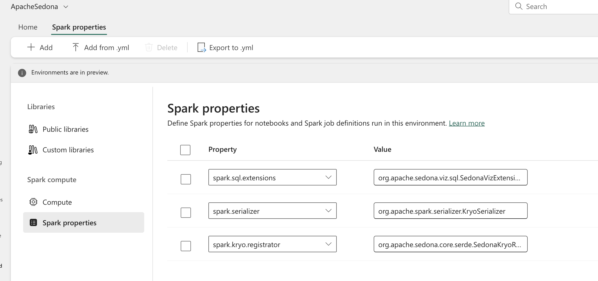 Add 3 properties to the Environment page Spark properties tab