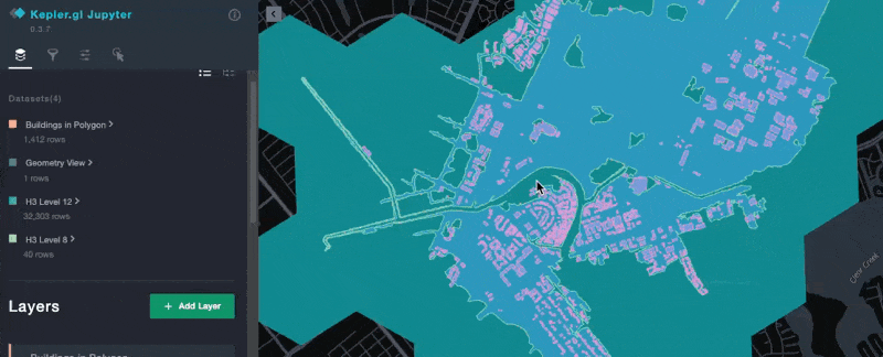 Animated GIF showing the differences between the original FEMA flood polygon, H3 cells at level 8 and level 12, and buildings that fall in each of the different areas