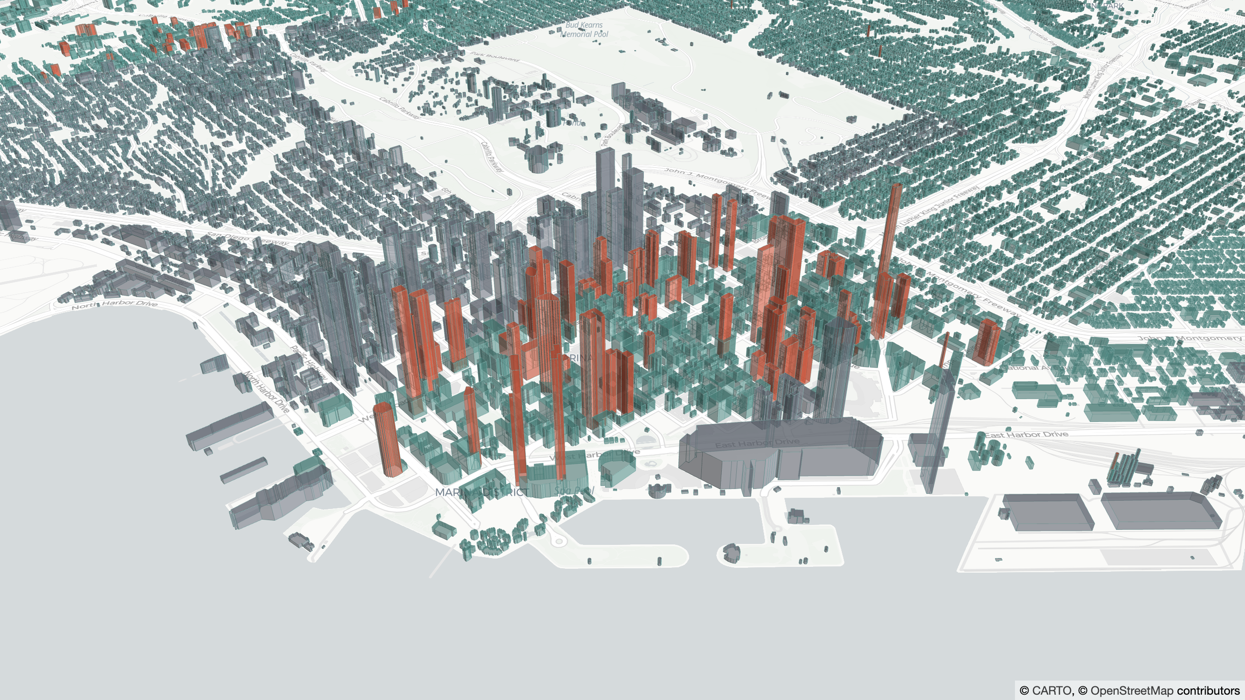 A closer 3D view of downtown San Diego from SedonaPyDeck: orange towers rising above the drone ceiling out of a field of teal and grey extruded buildings