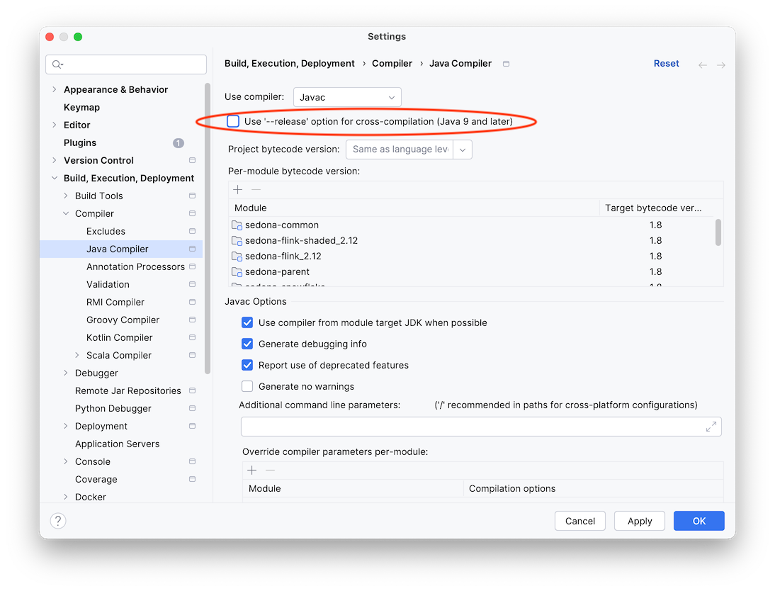 Disable "Use '--release' option for cross-compilation" when using Java 11