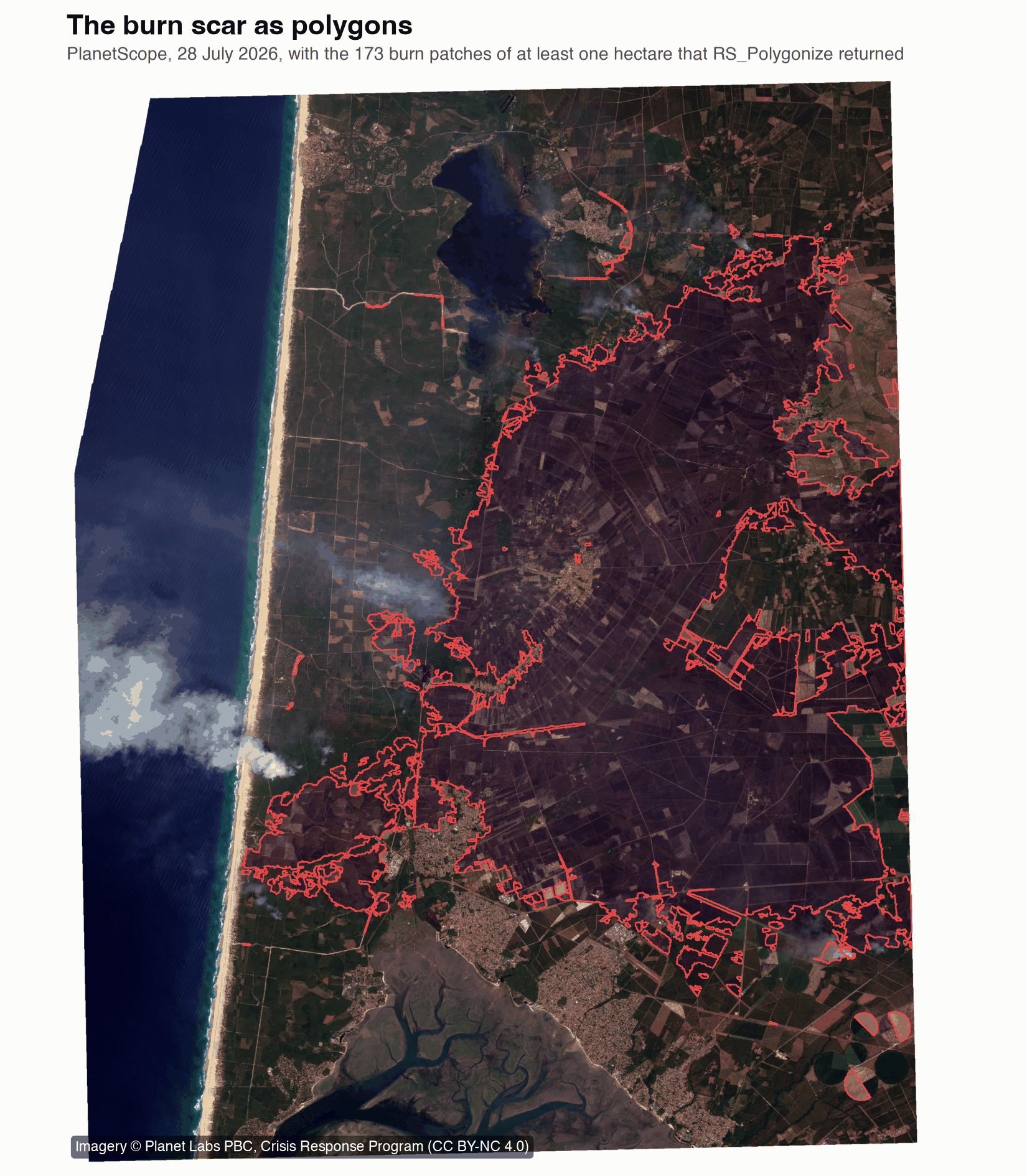 PlanetScope image between Lacanau and the Arcachon Basin on 28 July 2026. Red polygons outline the estimated burn area, with smoke visible along its western edge