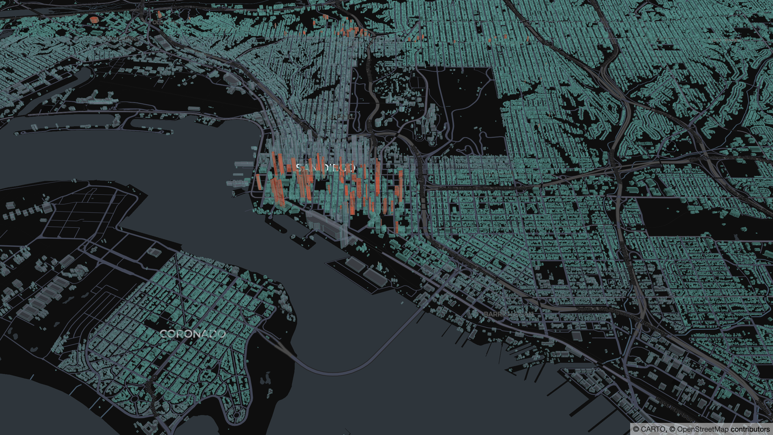 A closer 3D view of downtown San Diego from SedonaPyDeck: orange towers rising above the drone ceiling out of a field of teal and grey extruded buildings