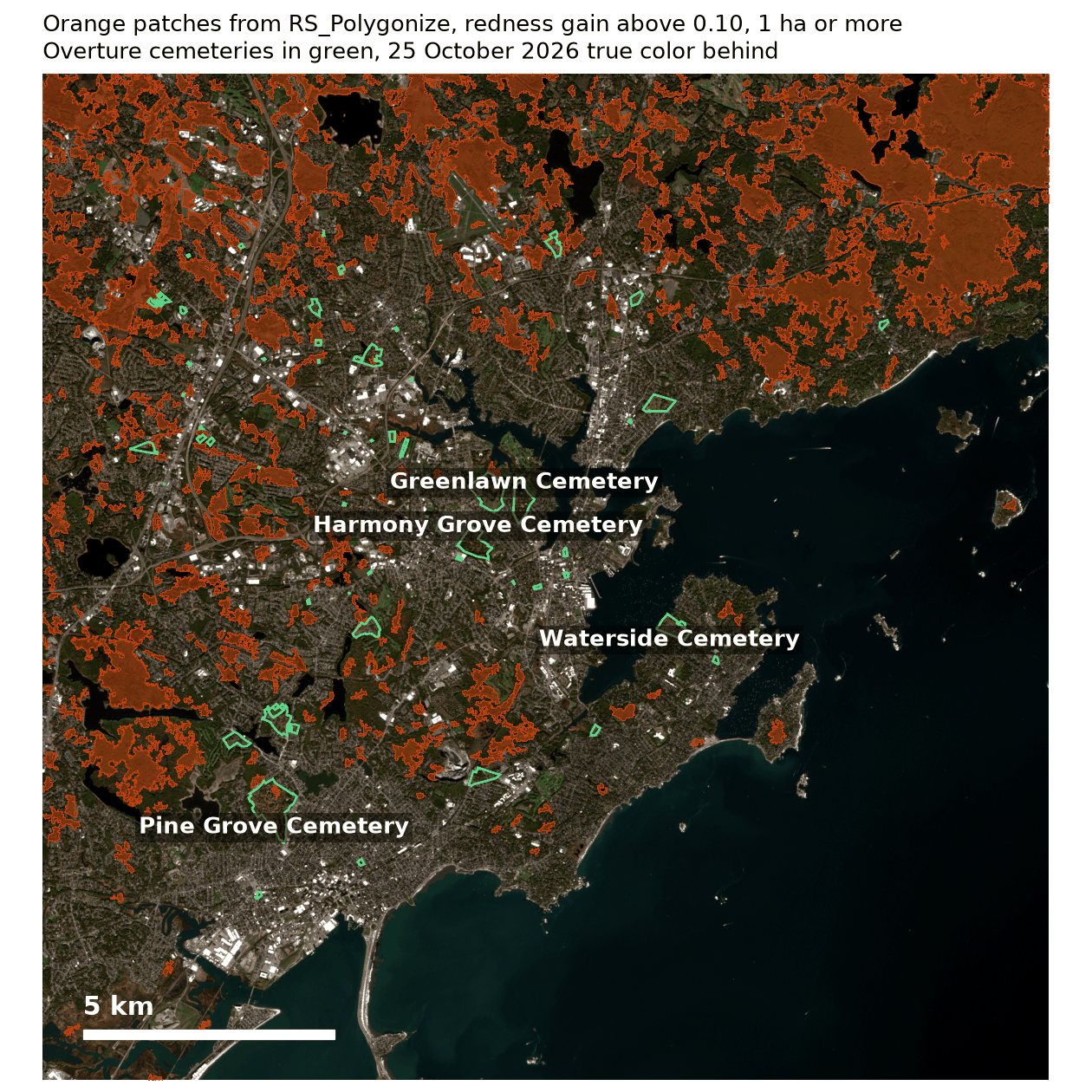 The 25 October true color image of the Salem window with orange patches of one hectare or more drawn as translucent polygons and Overture cemeteries outlined in green, with Harmony Grove, Greenlawn, Pine Grove and Waterside cemeteries labeled