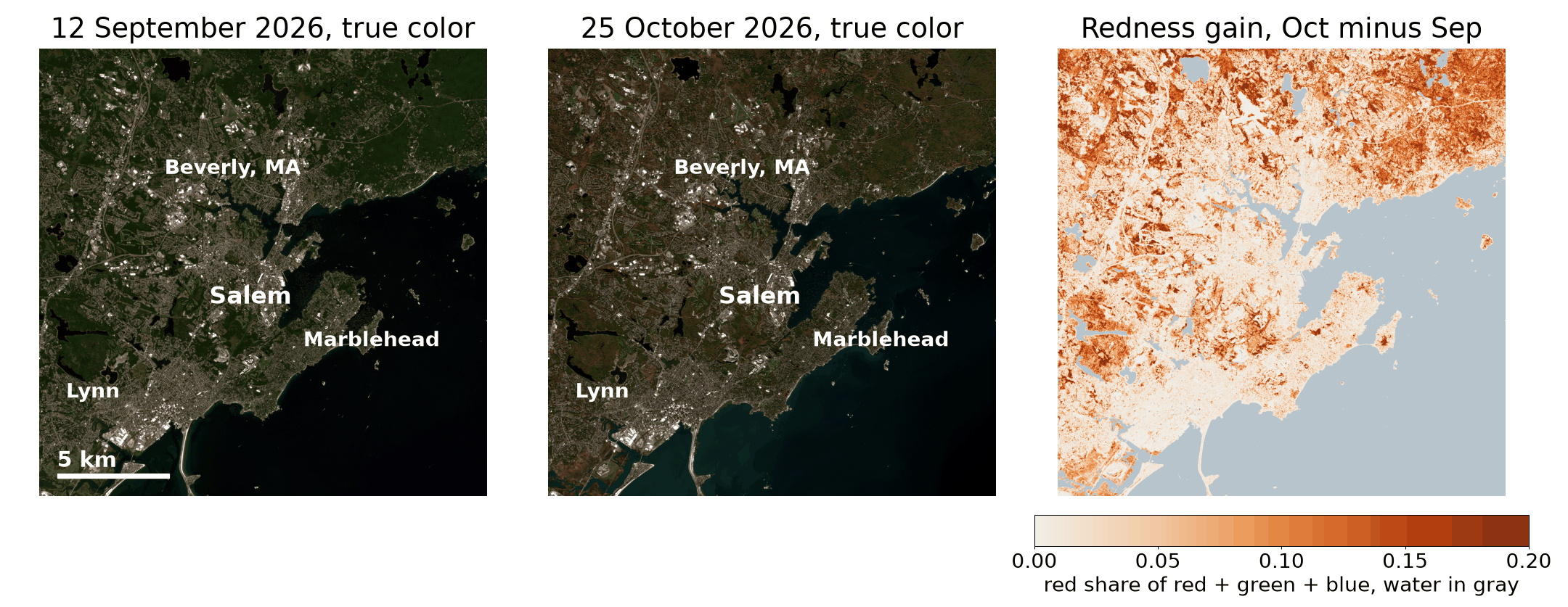 Three panels of a 20 km window around Salem: true color on 12 September, true color on 25 October with the canopy turned brown, and the redness gain in orange with water in gray